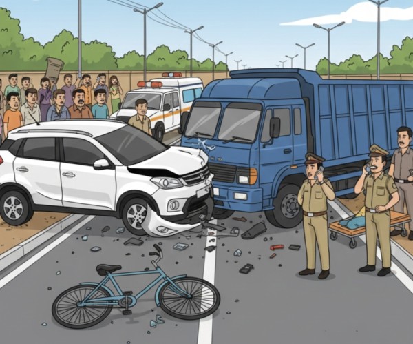 ट्रक और विटारा कार में हुई जोरदार भिड़ंत, दुर्घटना की चपेट में आया साइकिल सवार