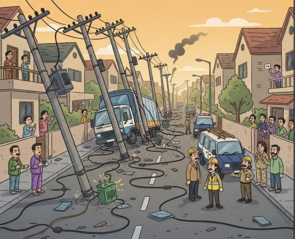 लापरवाह ट्रक चालक ने ढहाए 13 बिजली के पोल, लाखों का नुकसान