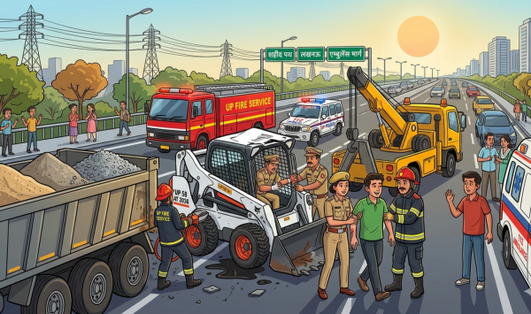 शहीद पथ पर ट्रक से टकराया लोडर, केबिन काटकर चालक को सुरक्षित निकाला